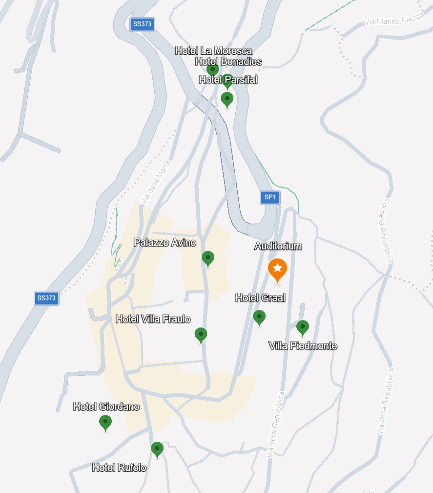 Map of Ravello with pins marking the Auditorium and all listed ICABR 2026 hotels